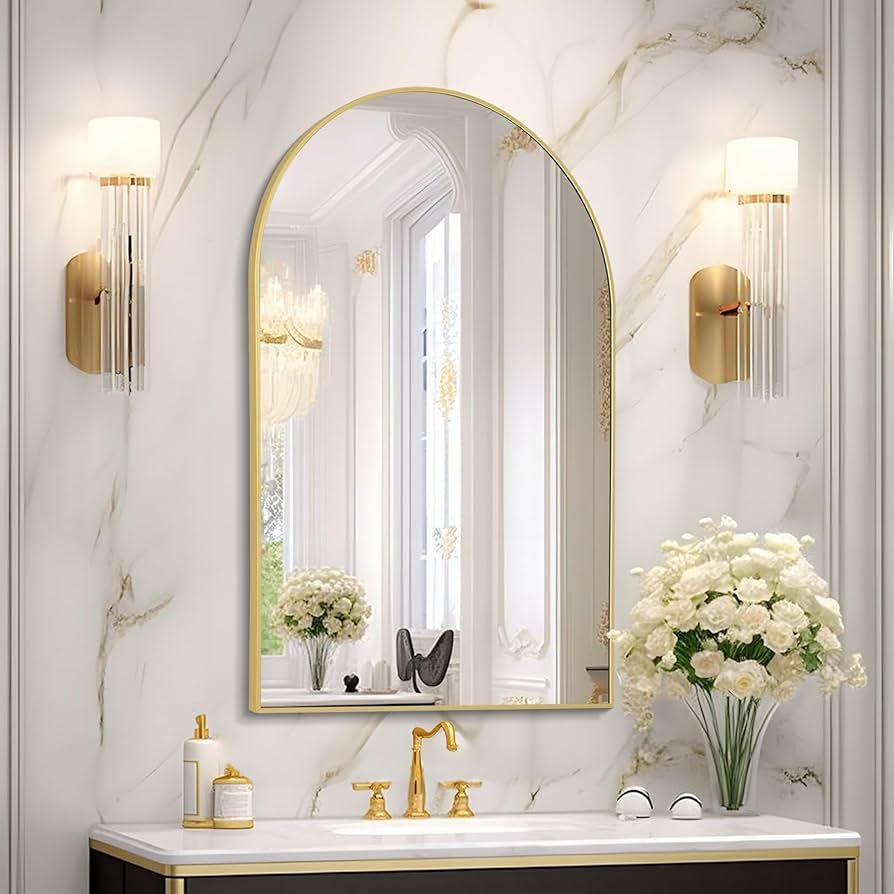 Gold Bathroom Mirror, Arched Bathroom Mirror with Metal Frame, Wall Mounted Mirrors Decor Modern ... | Amazon (US)
