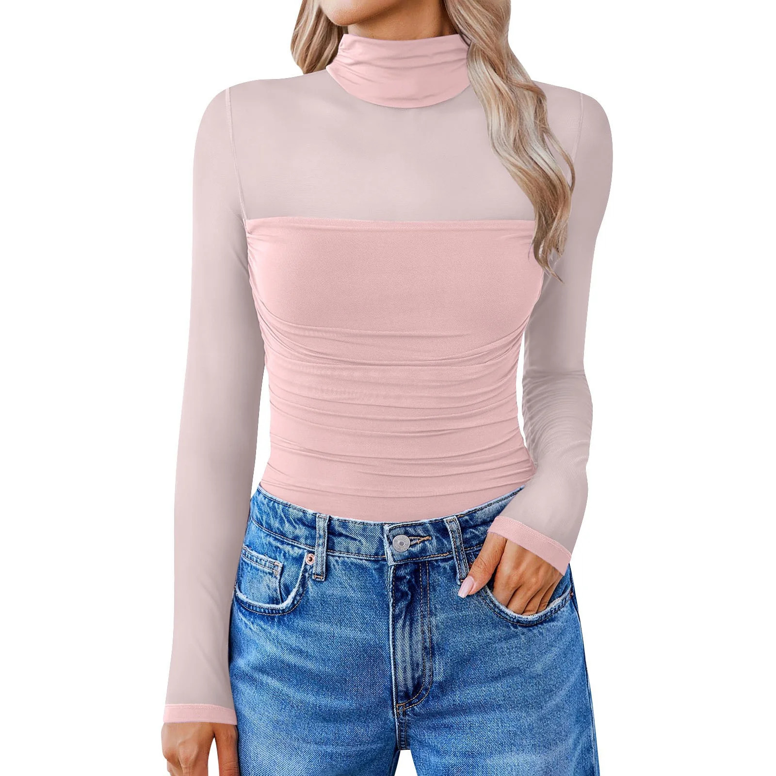 yunLCZ Women Shirts Womens Daily Under Shirt Mesh Top Long Sleeve Turtleneck Shirt | Walmart (US)