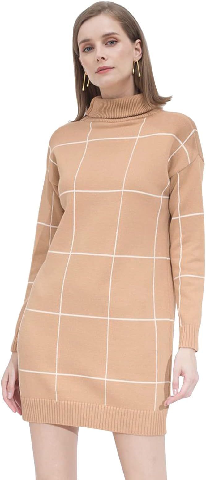 CHICWISH Women's Comfy Casual Long Sleeve Cream/Black/Grey Grid Turtleneck/Round Neck Knit Top Pu... | Amazon (US)