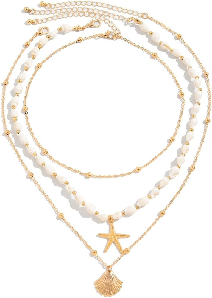 Layered Gold Necklace for Women,Shell Starfish Pearl Flower Clavicle Chain Statement Adjustable S... | Amazon (US)