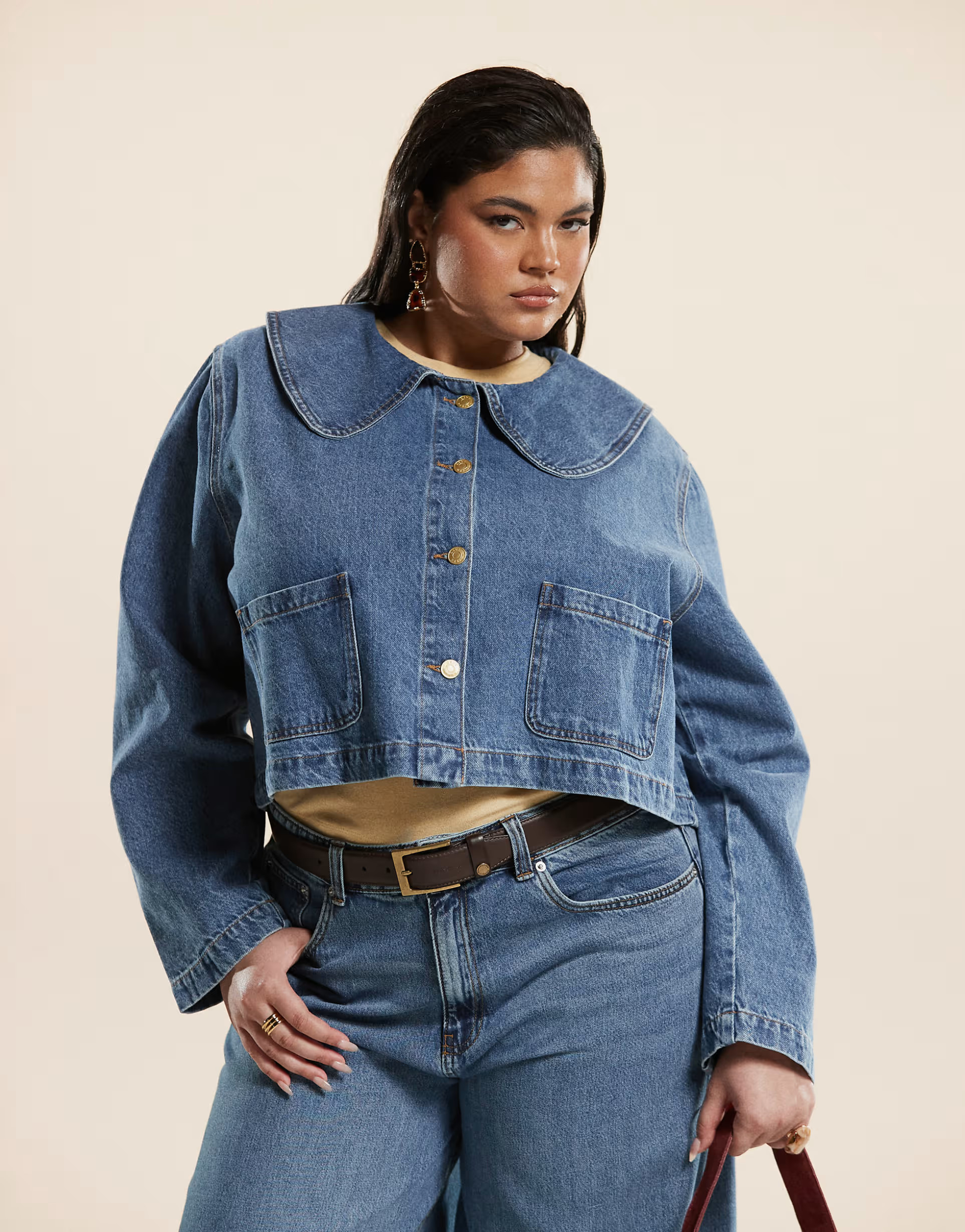 ASOS DESIGN Curve denim jacket with round collar in mid blue - part of a set | ASOS (Global)