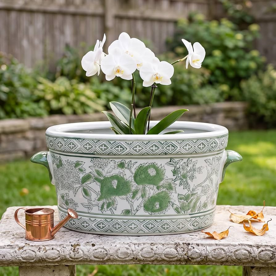 LemonRoad Green and White Ceramic Planter Pot 14 x 7.7 x 6.1 Inches Porcelain Vintage Floral Oval... | Amazon (US)
