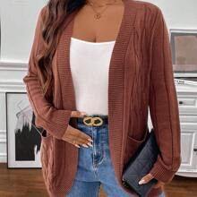 Plus Size Casual, Featuring Pocket Design, Warm, Buttonless Knitted Cardigan. Suitable For Work, Outings, Home, Shopping, And Gatherings , Brown Cardi | SHEIN