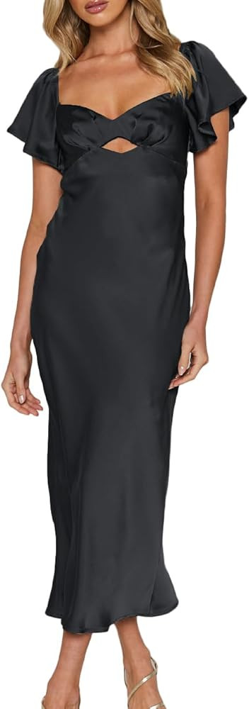 Summer Satin Flutter Sleeve Wedding Guest Dresses for Women Sweetheart Neckline Cutout Tie Back M... | Amazon (US)