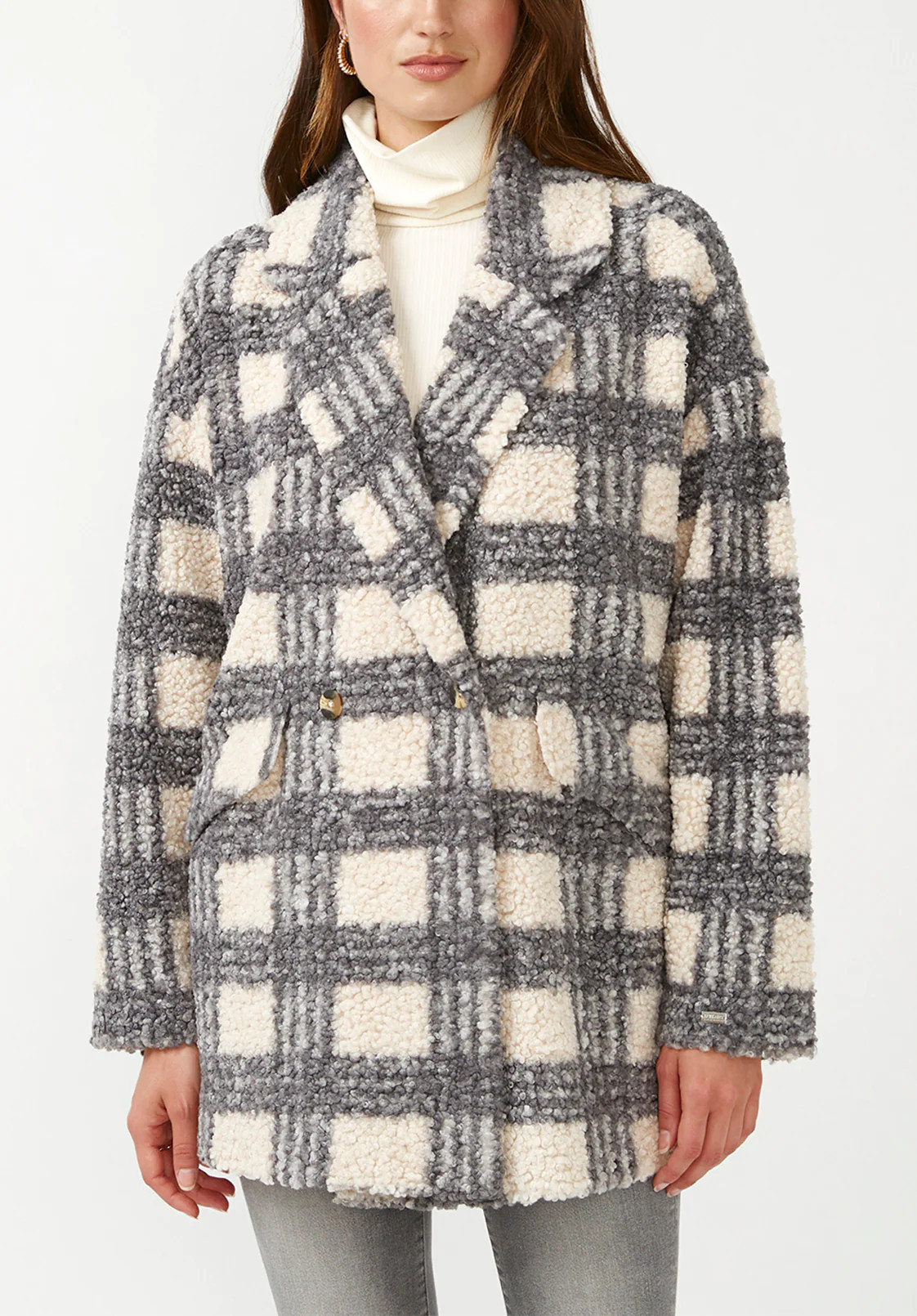 Aurelie Blue Cream Plaid Women's Car Coat - JK0009F | Buffalo David Bitton