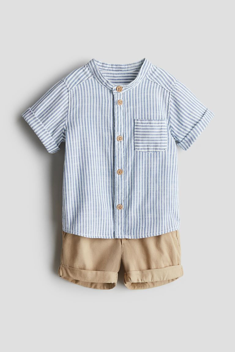 2-piece Cotton Set - Regular waist - Round Neck - Beige/blue striped - Kids | H&M US | H&M (US + CA)
