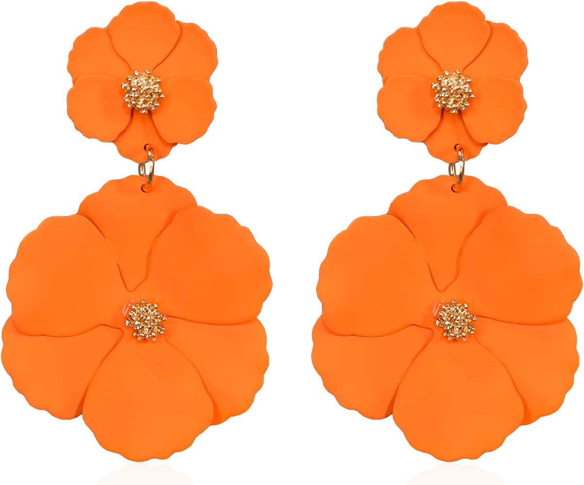 White Summer Flower Floral Dangle Earrings Boho 2 Layered Floral Petal Drop Statement Stud Earrin... | Amazon (US)