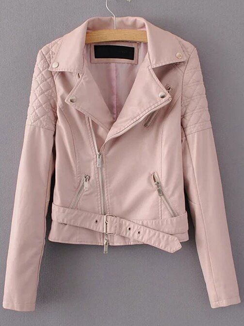 Pink Quilted Shoulder PU Zipper Jacket With Belt | SHEIN