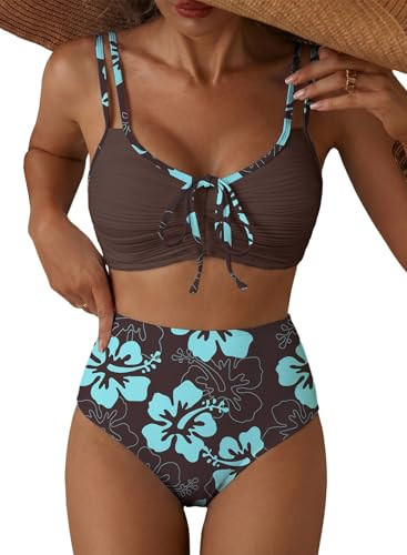 Herseas Women's High Rise Bikini Sets 2026 Modest Textured 2 Piece Bathing Suit Tummy Control Tie Front Teen Girls Swim Suits Stretchy Beach Summer Swimming Wear Brown Hibiscus Print Medium | Amazon (US)