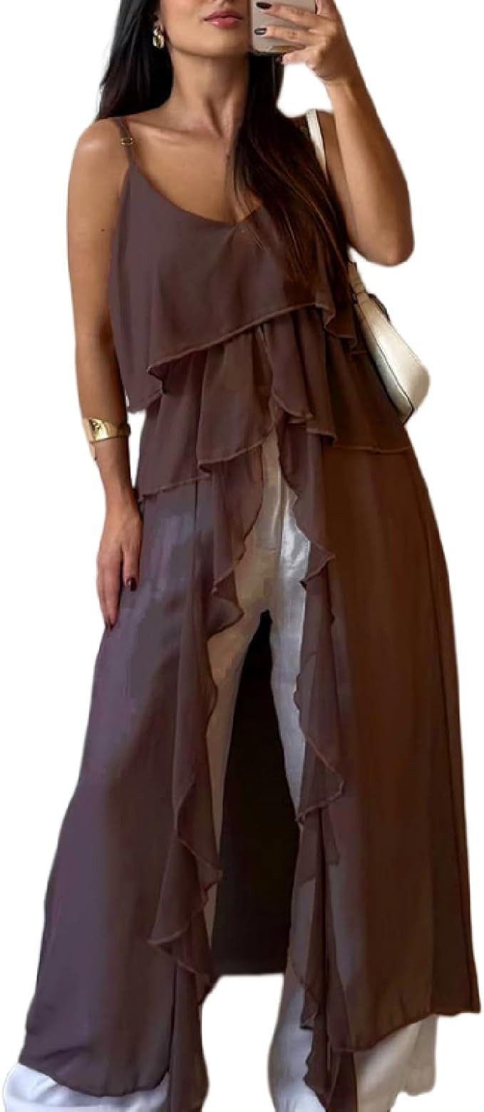 Women Split Front Ruffle Flowy Long Cami Shirt Sleeveless Backless Spaghetti Strap Layer Chiffon ... | Amazon (US)