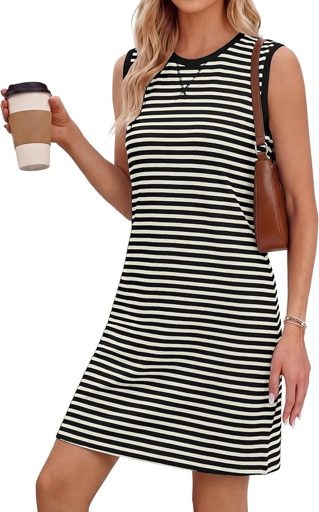 Glamaker Womens Summer Tshirt Dresses Casual Sleeveless Striped Shift Tank Short Sundress Boho Be... | Amazon (US)