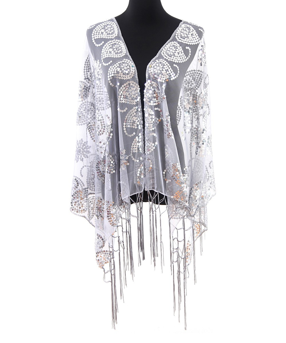 Idowela Women's Accent Scarves round - White Paisley Sequin Sheer Fringe-Trim Scarf | Zulily