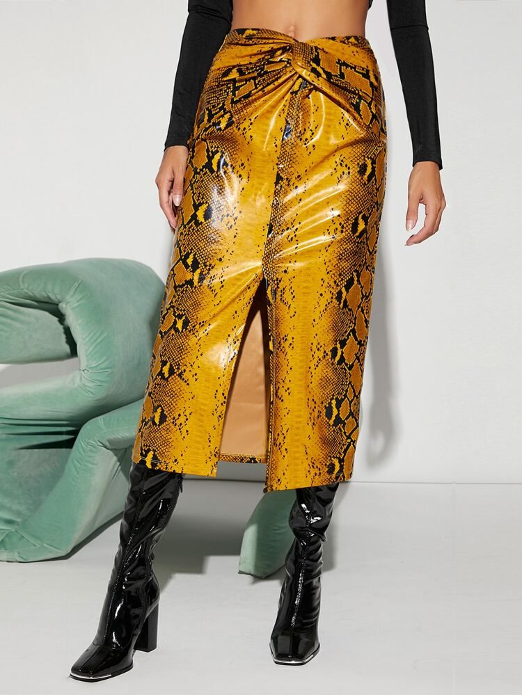 SHEIN Snakeskin Print Twist Split Hem PU Leather Skirt | SHEIN