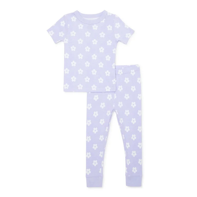 Wonder Nation Baby and Toddler Girls Cotton Tight Fit Top and Pants, 2-Piece Sleep Set, Sizes 12M... | Walmart (US)