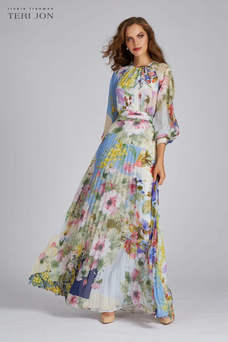 Patchwork Print Pleated Maxi Gown | TERIJON
