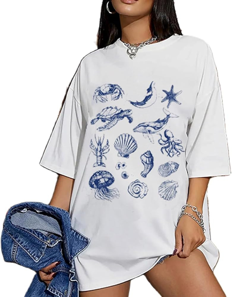 Oversized Graphic Tees for Women Y2k Short Sleeve Ocean/Shark Baggy Shirt Cute Crewneck Aesthetic... | Amazon (US)