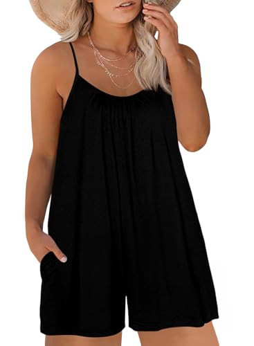 Eytino Womens Plus Size Rompers Adjustable Spaghetti Strap Shorts Jumpsuits Sleeveless V Neck Casual Loose Fit Jumpsuits with Pockets Black 5X | Amazon (US)
