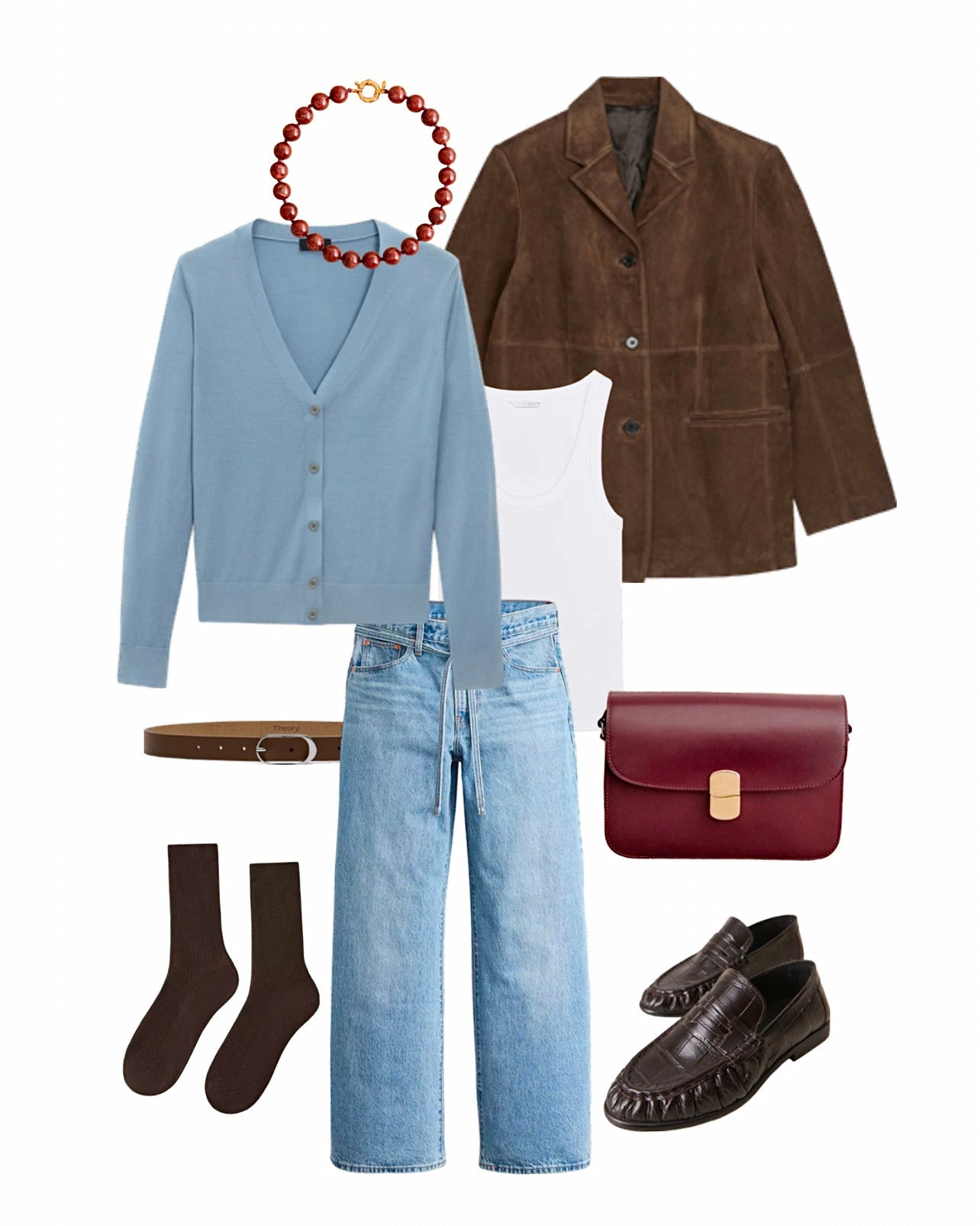 Arket suede blazer - brown suede jacket - spring trends - spring outfit - blue cardigan - theory - Levi’s jeans - brown loafers - chocolate brown - Sezane milo - across body bag - burgundy bag - brown belt - beaded necklace 

#LTKspring #LTKuk #LTKeurope
