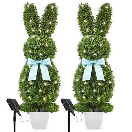 HOYECHI Solar Lighted Bunny Topiary Outdoor Set of 2-3FT Tall Artificial Boxwood Bunny with 40 LED Lights Each, Solar Powered Easter Porch & Garden Decor | Amazon (US)