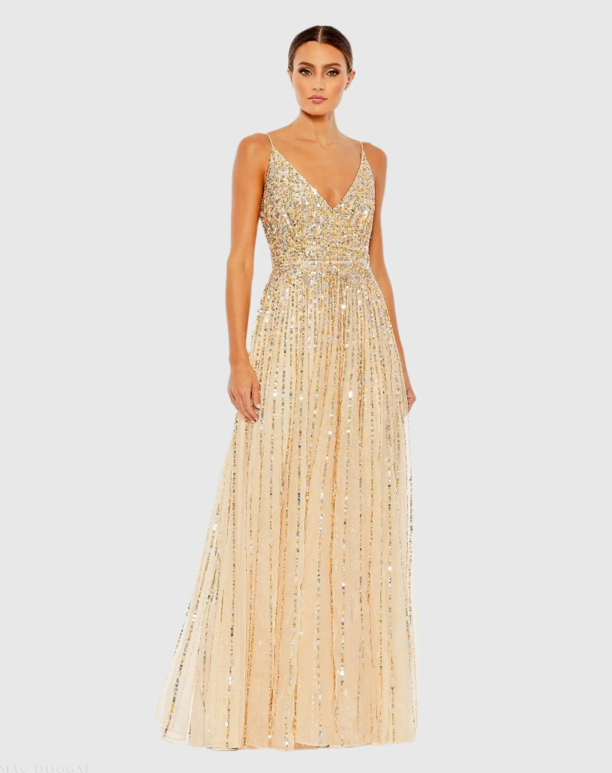 Beige Sequined Sleeveless Wrap Over A Line Gown - Mac Duggal | Mac Duggal