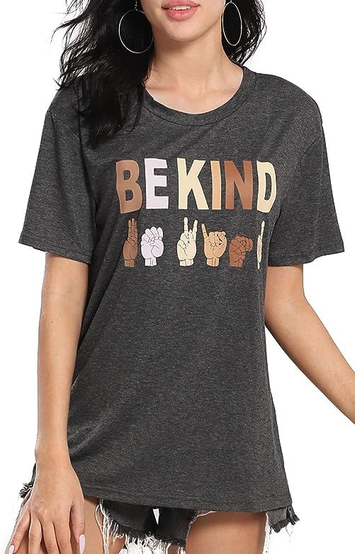 Be Kind Sign Language Shirt Women Short Sleeve Loose Tops Inspirational Graphic Tees | Amazon (US)