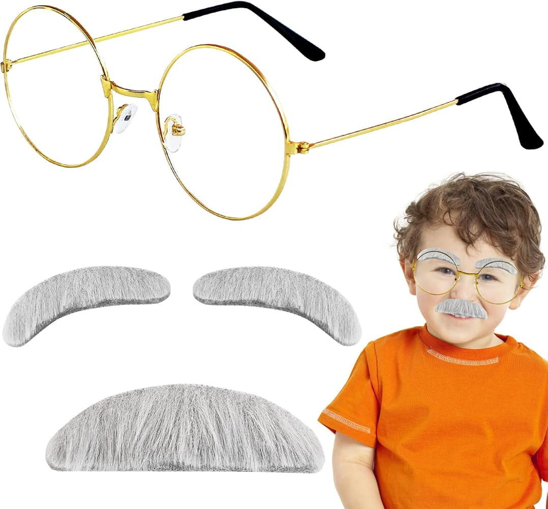 Old Man Costume for Kids- Glasses with Gray Fake Mustache & Eyebrows - 100 Days of School Costumes Old Man Dress Up Accessories Kit for Kids Boys Grandpa Costume | Amazon (US)