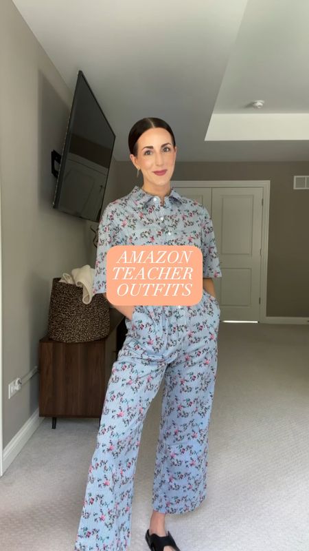 Amazon teacher style: shop the cutest teacher outfits on Amazon including this floral button-down jumpsuit, half sleeve casual dress, summer matching set, jersey oversize T-shirt dress, casual comfy pants, short sleeve bodysuit, crochet slides, footbed sandals, square toe dressy summer slides, classic fashion sneakers, headbands, hair accessories, and gold jewelry. Perfect teacher style, teacher outfit, back to school teacher outfit, dressy teacher outfit, elementary teacher outfit, high school teacher outfit, casual teacher outfit, classy teacher outfit. I am wearing a small in the dresses, pants, bodysuits, and jumpsuit. Wearing an extra small in the set. I am 5’4.5  

#LTKBacktoSchool #LTKFind #LTKstyletip