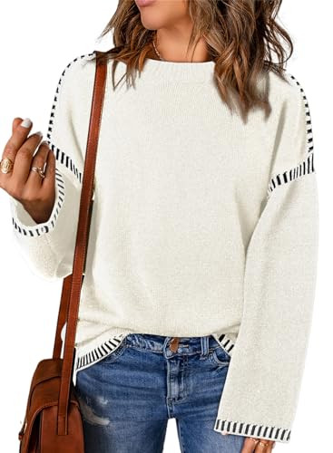 Dokotoo Womens Sweaters Warm Fall Winter Fashion 2024 Oversized Solid Crewneck Long Sleeve Contrast Stitching Chunky Cable Knit Jumper Tops Soft Comfy Relaxed Fit Sweaters for Women M White | Amazon (US)