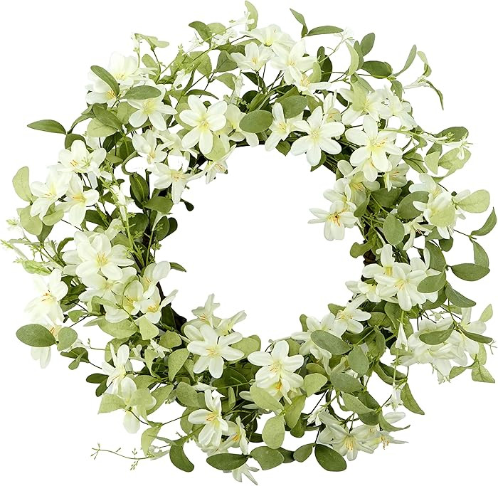 18'' Spring Wreath Summer Wreath for Front Door with Green Eucalyptus Leaves and White Cherry Blo... | Amazon (US)