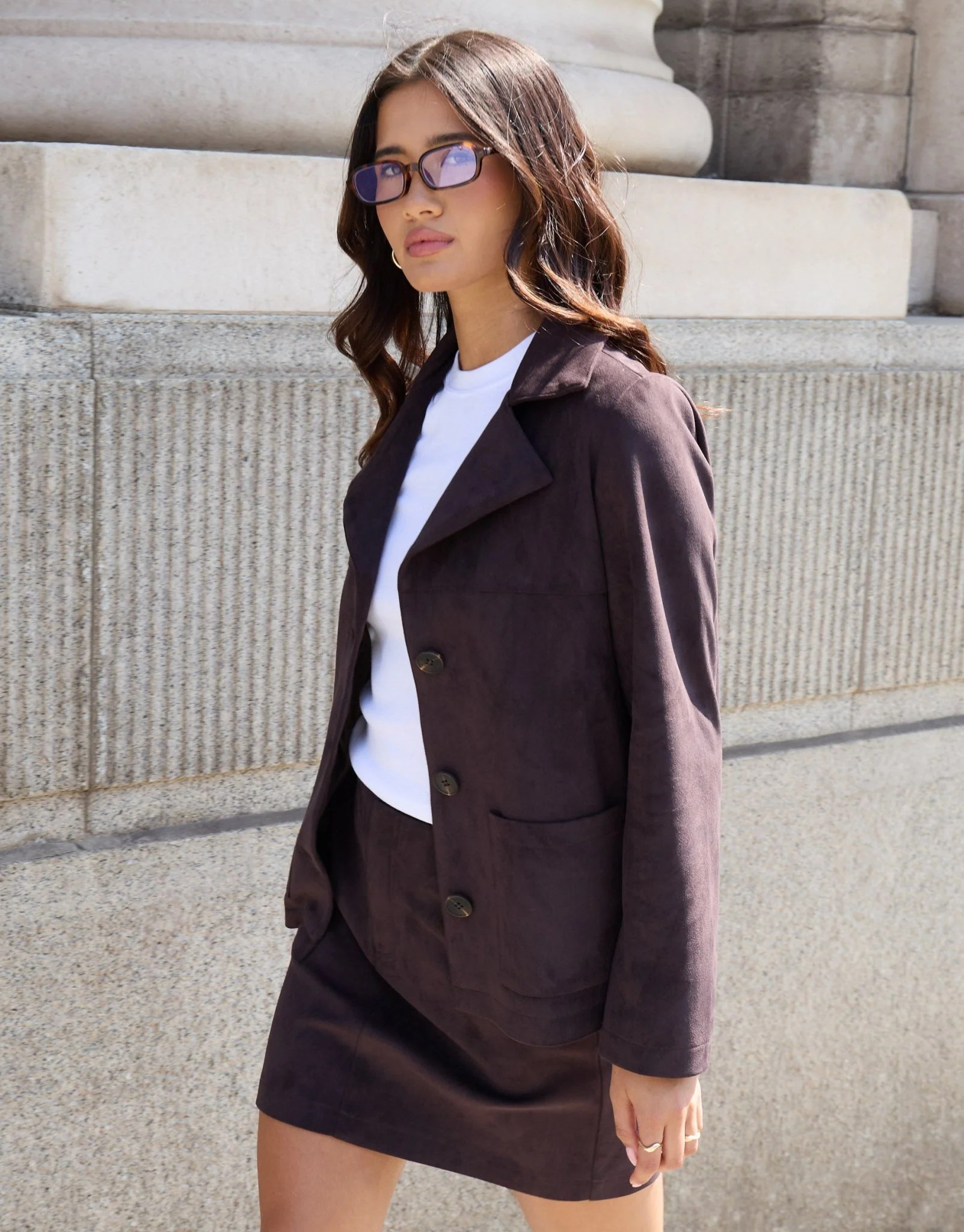 Faux Suede Blazer in Chocolate Brown | Threadbare