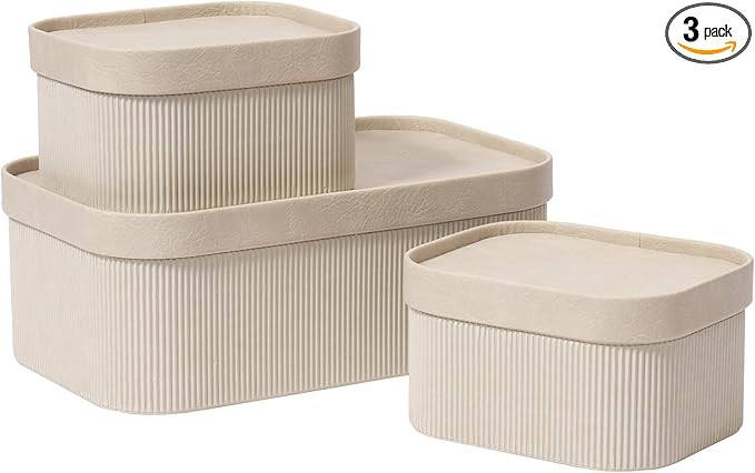 Fluted Cardboard Storage Baskets with Leather-Like Lids, Sturdy Stackable Paper Boxes Decorative ... | Amazon (US)
