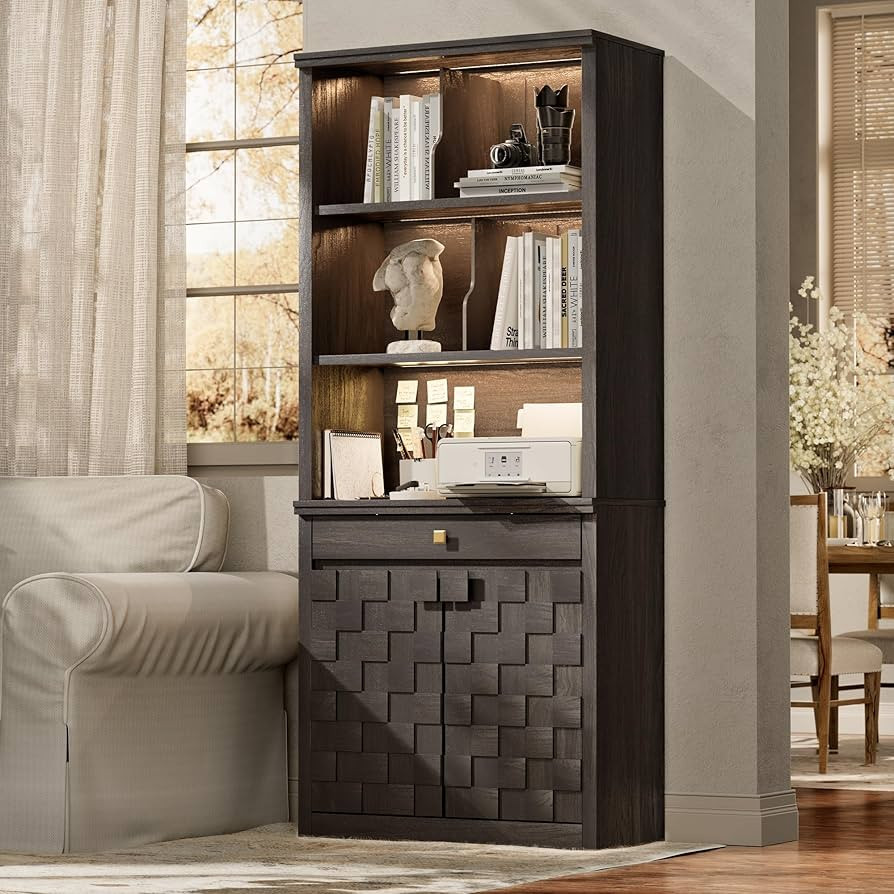 Fluted Bookcase with LED Light, 72.2" Tall Freestanding Bookshelf with Drawer and Doors, Modern S... | Amazon (US)