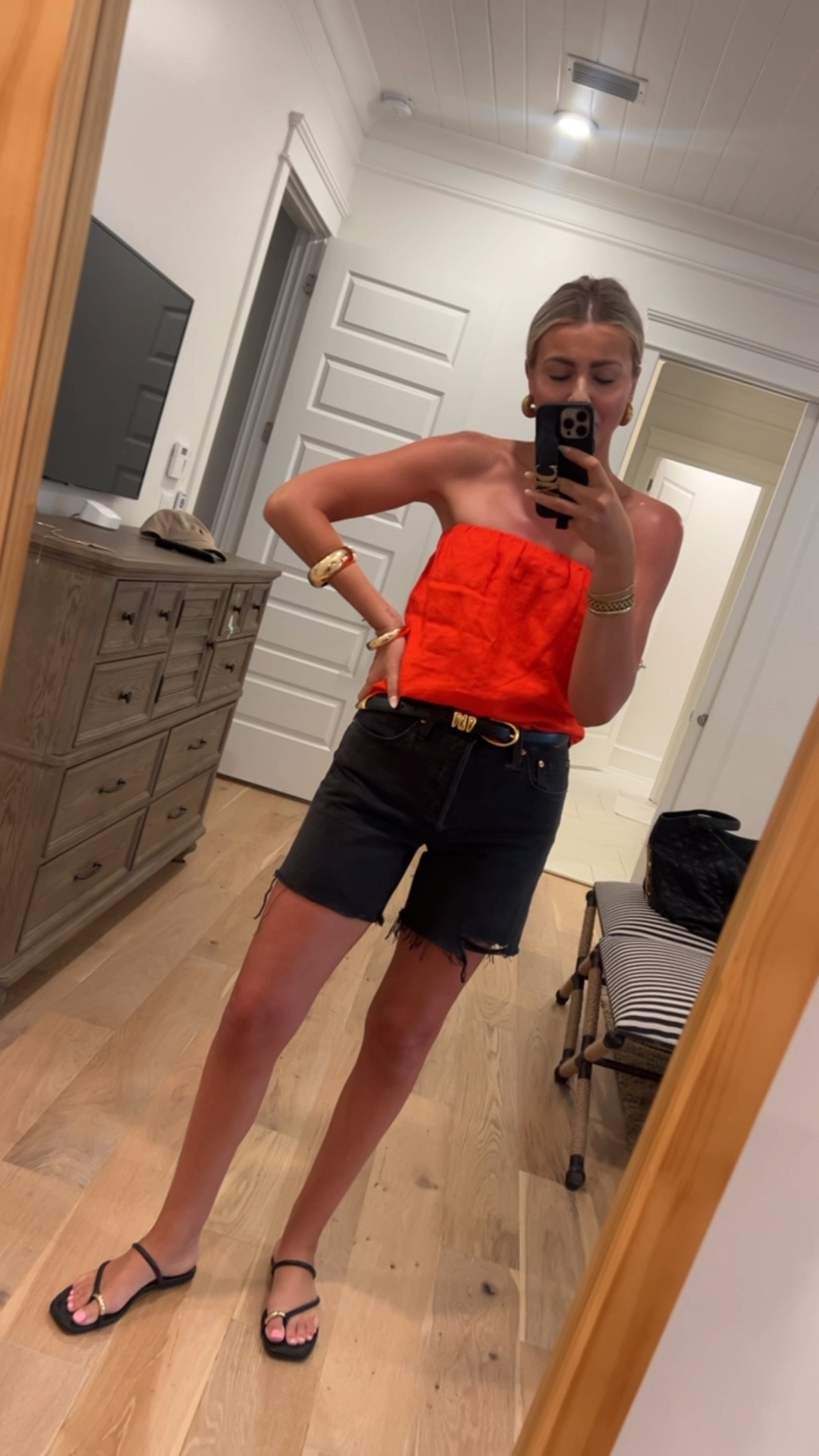 Linen tube top true to size wearing a small under $50 
Levi’s denim longer shorts, go up 1 size. Very flattering. Wearing a 28 
Summer travel beach vacay vacation fashion outfit 

#LTKStyleTip #LTKFindsUnder50 #LTKFindsUnder100