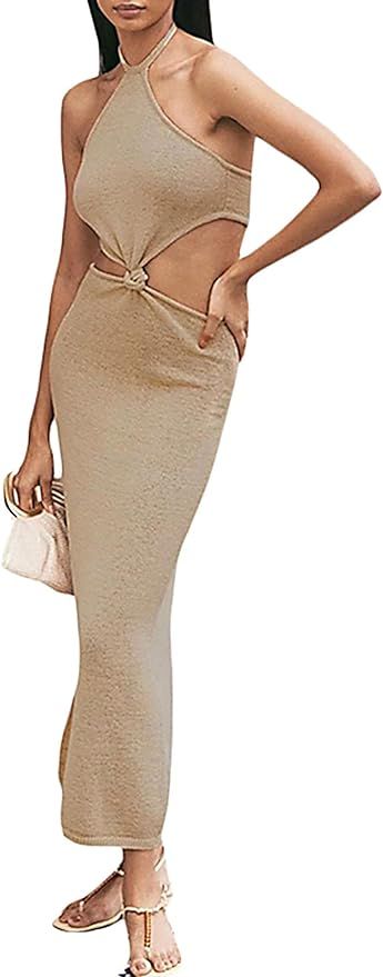Rteyno Womens Knitted Cut Out Backless Dress, Spaghetti Strap Bodycon Long Maxi Dresses for Club ... | Amazon (US)