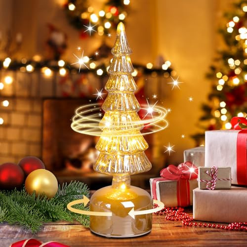 Glass Christmas Trees for Tabletop, Rotating Mercury Glass Christmas Tree Decoration, Sparkling Small Xmas Tree with Lights, Battery Operated Xmas Trees with Timer (Gold) | Amazon (US)