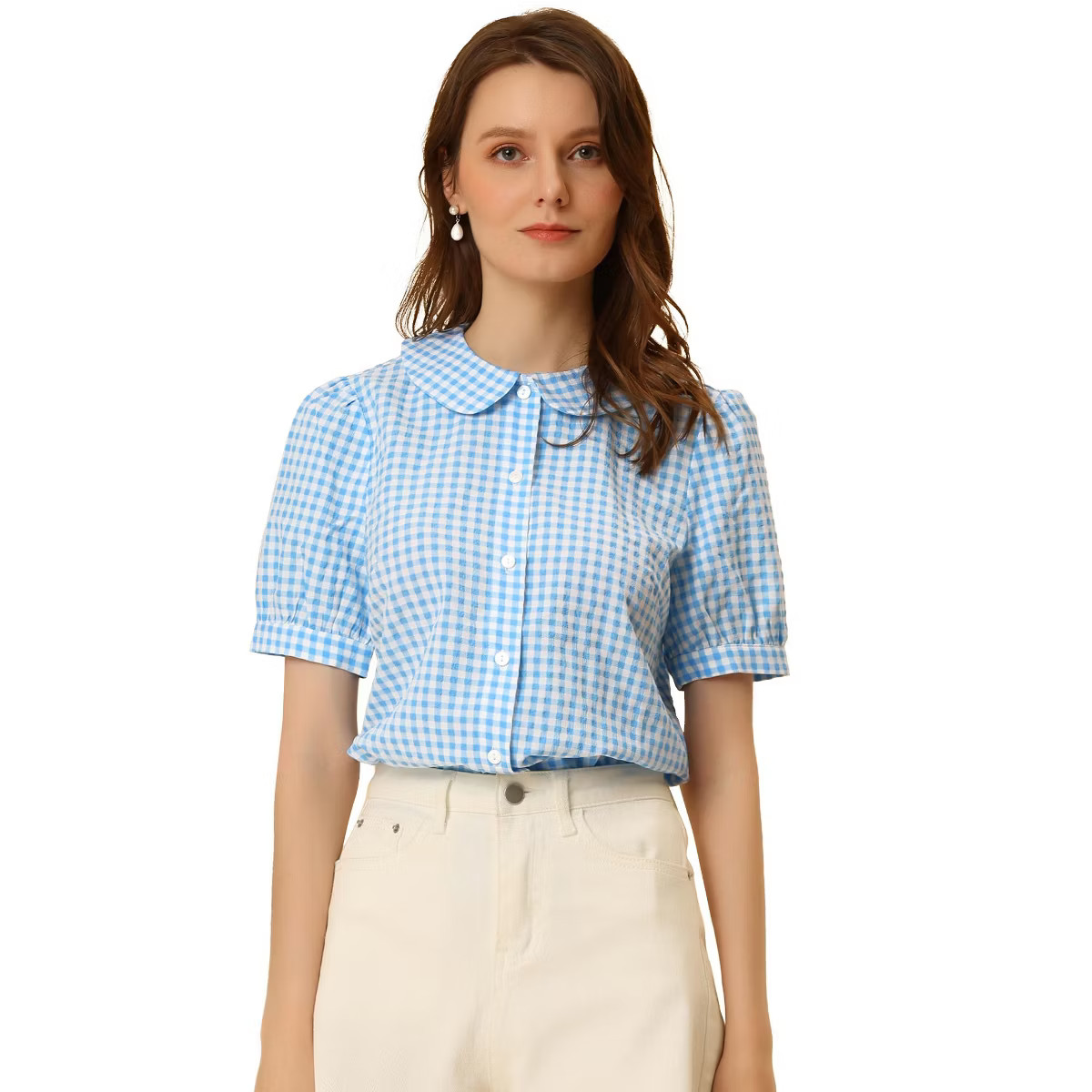 Allegra K Women's Plaid Gingham Blouse Puff Short Sleeve Peter Pan Collar Button Down Shirt | Target