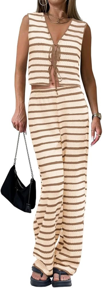 Tankaneo Womens Crochet Sets 2 Piece Outfits Tie Front Sleeveless Vest Tops Wide Leg Pants Stripe... | Amazon (US)