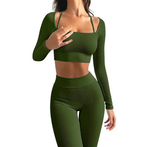 ABOCIW Workout Sets for Women Long Sleeve Seamless Ribbed Strap Detail Crop Top High Waist Leggings 2 Piece Yoga Gym Activewear Set #3 Dark Green Small | Amazon (US)
