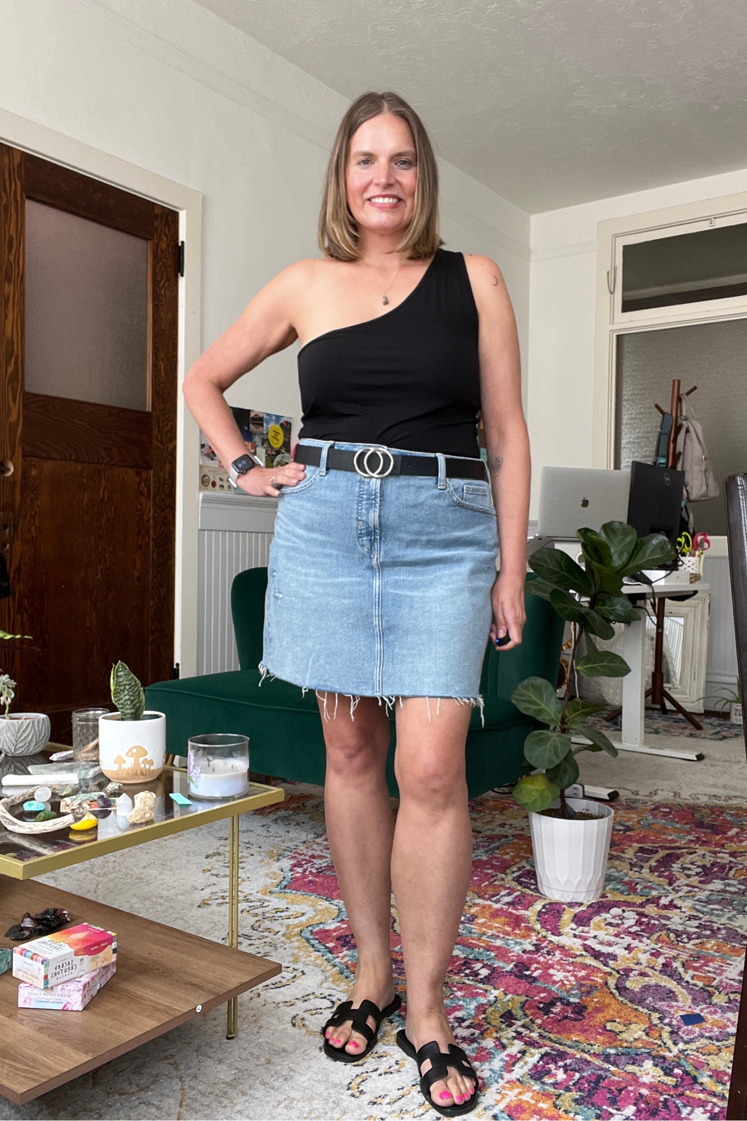 Outfit formula: one shoulder top, jean skirt, sandals 

#LTKstyletip #LTKcurves #LTKSeasonal