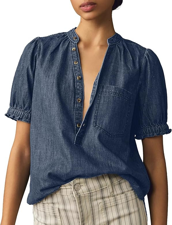 Locachy Women's Half Button Mock Neck Denim Shirt Casual Puff Short Sleeve Denim Blouse Top | Amazon (US)