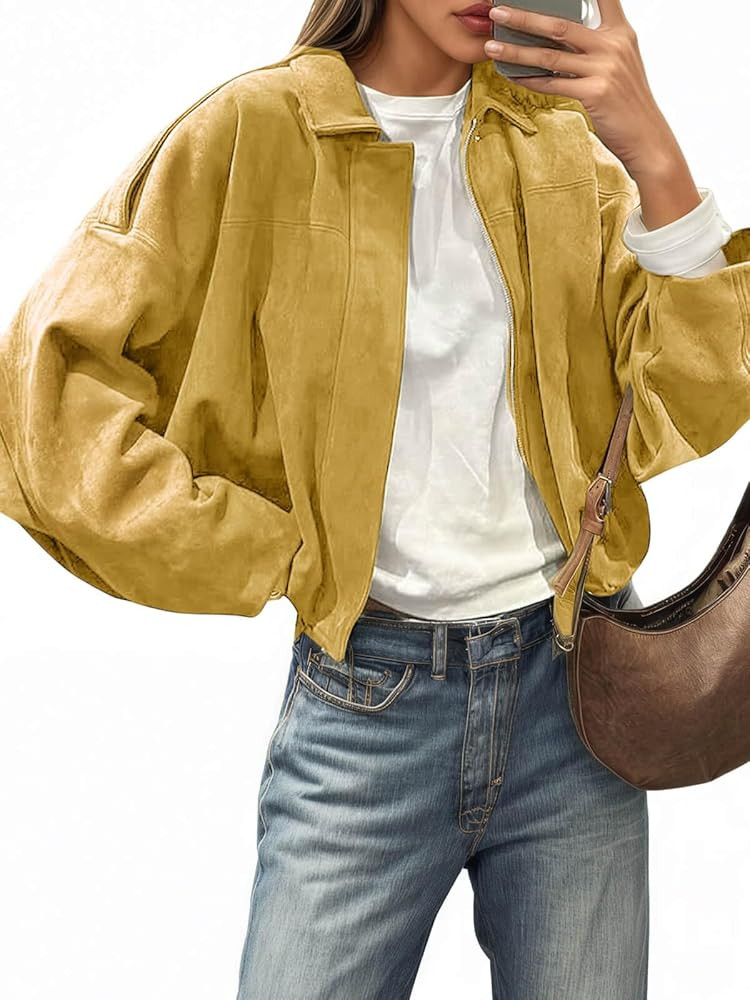 Cicy Bell Womens Faux Suede Bomber Jackets Oversized Cropped Zip Up Lapel Coats Fall Casual Outer... | Amazon (US)