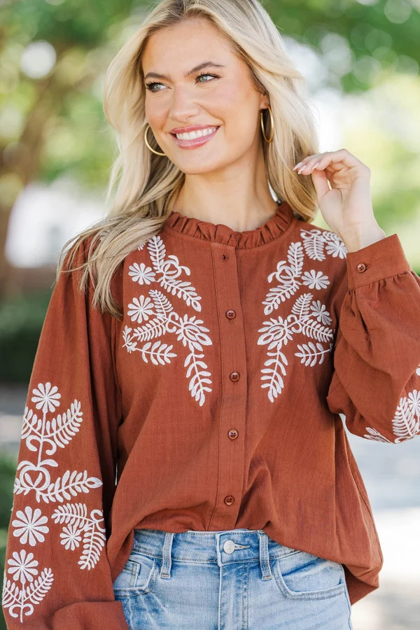 Whispering Pines Brown Embroidered Blouse | The Mint Julep Boutique