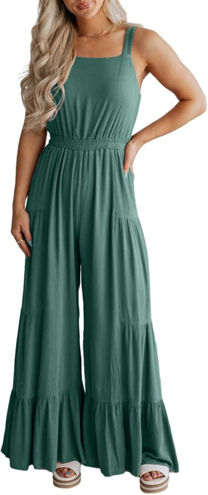 BLENCOT Jumpsuits for Women Summer Casual Loose Sleeveless Overalls Jumpsuit Ruffle Wide Leg Long... | Amazon (US)