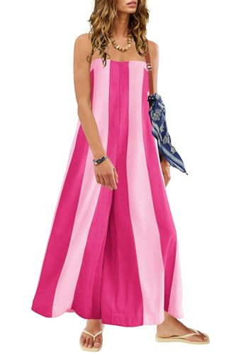 ReachMe Womens One Piece Fall Jumpsuits Strapless Tube Wide Leg Pants Striped Romper with Pockets Travel Vacation Outfits(Hot Pink,L) | Amazon (US)