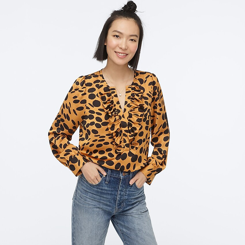 Long-sleeve ruffle-front top in wavy dots | J. Crew US