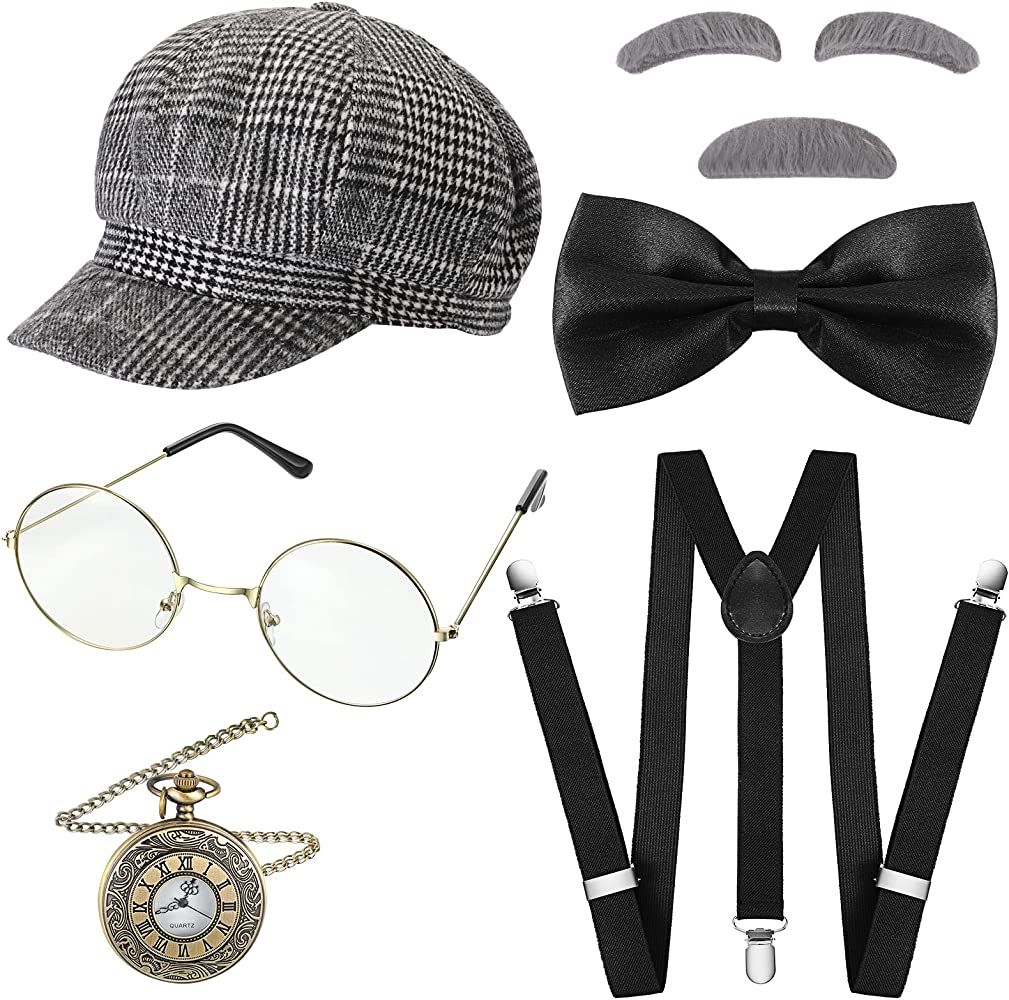 8 Pcs Old Man Costume 1920s Grandpa Accessories Set 100th Day of School Beret Hat Glasses Eyebrow... | Amazon (US)