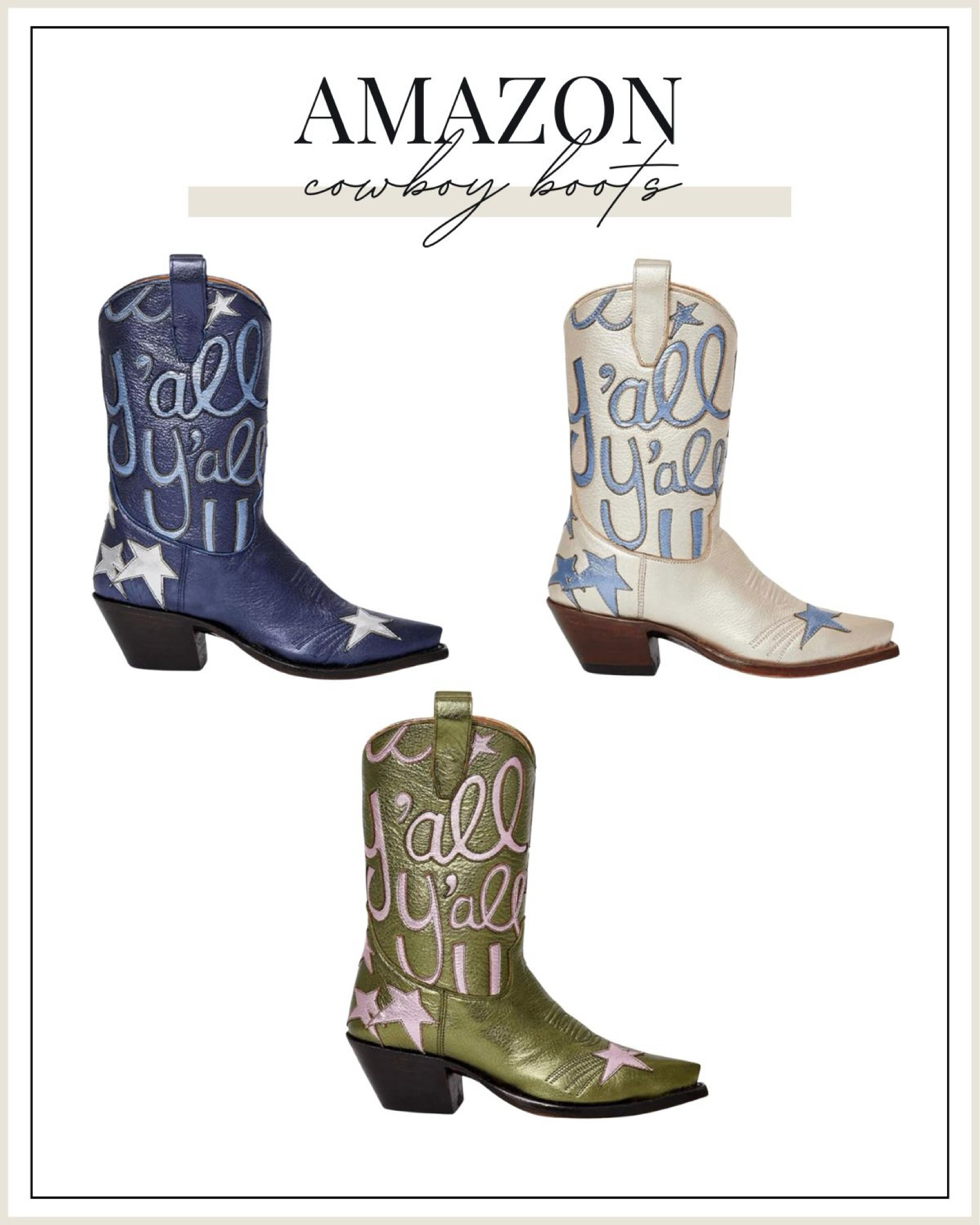 Amazon cowboy boots - yall boots - cowgirl boots - Amazon fall boots - country concert outfits - tailgate outfits - college football game outfits - ACL outfits - Coachella outfit ideas - concert boots - NFR outfits - NFR fashion - save or splurge - look for less - western fashion - western outfits - Texas football game day outfit - blue game day outfits - green game day - white cowboy boots - Nashville bachelorette party outfit - Nashville looks - Austin outfits 


#LTKFindsUnder50 #LTKSeasonal #LTKShoeCrush