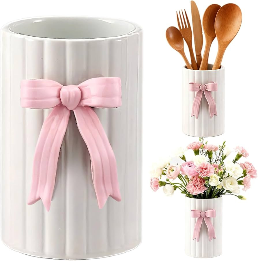 Handmade Pink Bow Ceramic Utensil Holder, 3D Coquette Cooking Utensil Crock for Kitchen Counter, ... | Amazon (US)
