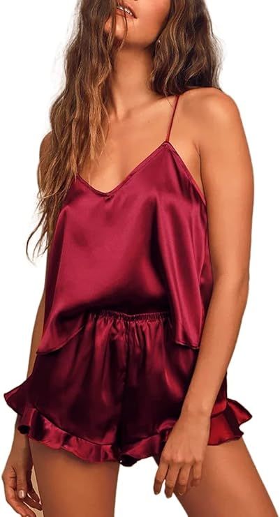 CHYRII Women's Sexy Silk Satin Ruffled Pajamas Sets Cami Shorts Sets Sleepwear | Amazon (US)