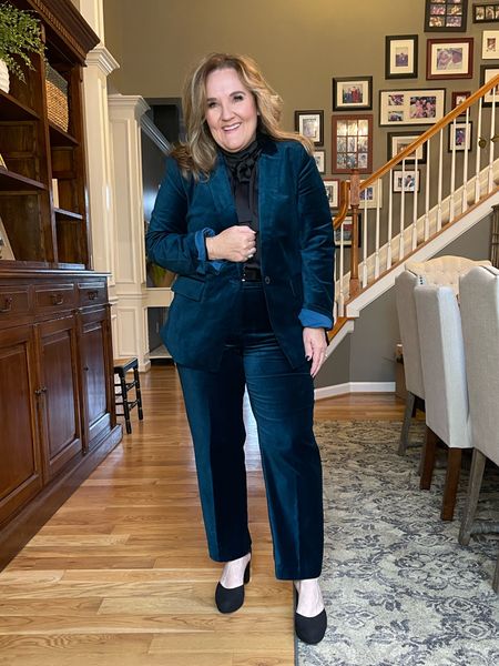 Velvet suit. Teal is gone but black is available limited sizes. 

I’m wearing a 14 in both jacket and pants  

#LTKHoliday #LTKunder100 #LTKCyberweek